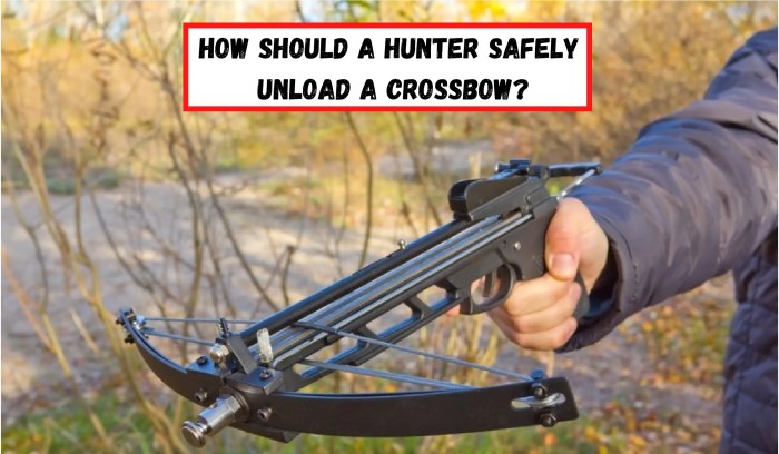 How should a hunter safely unload a crossbow